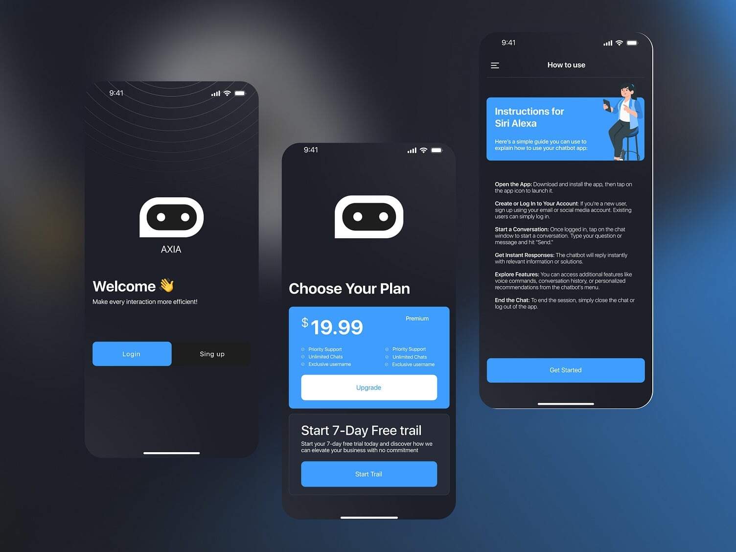 AI chatbot app interface on mobile screens, featuring login, plan selection, and user instructions.